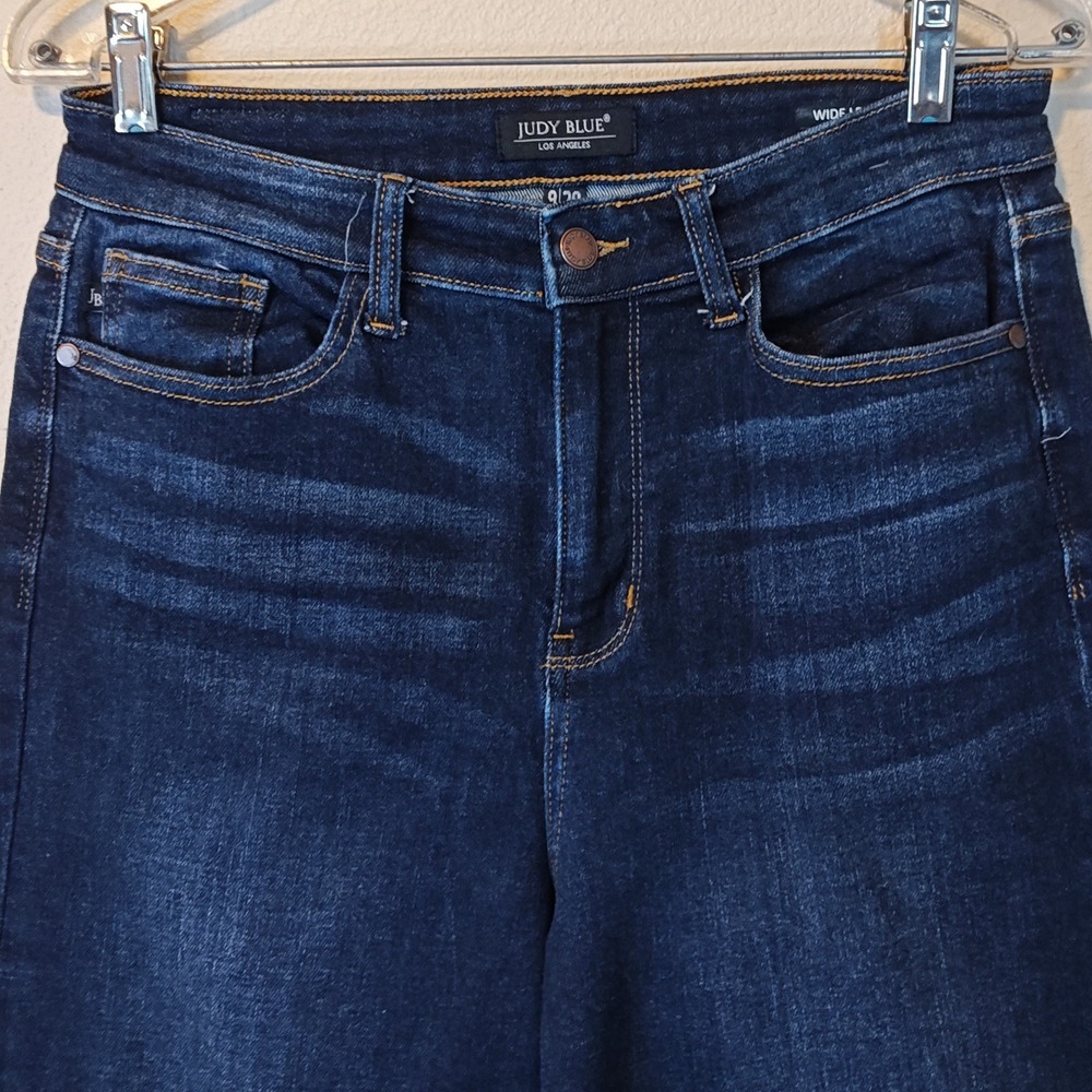 Judy Blue Wide Leg Jeans Womens 9/29 Dark Wash Raw Hem High Rise JB82517DK - Picture 3 of 12